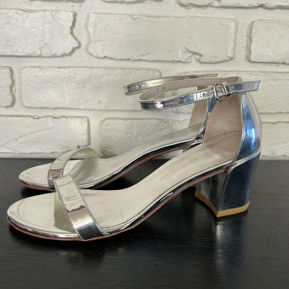 Stuart Weitzman Silver Metallic Block Heel Sandals‎ Women's Size 7 - Picture 3 of 7